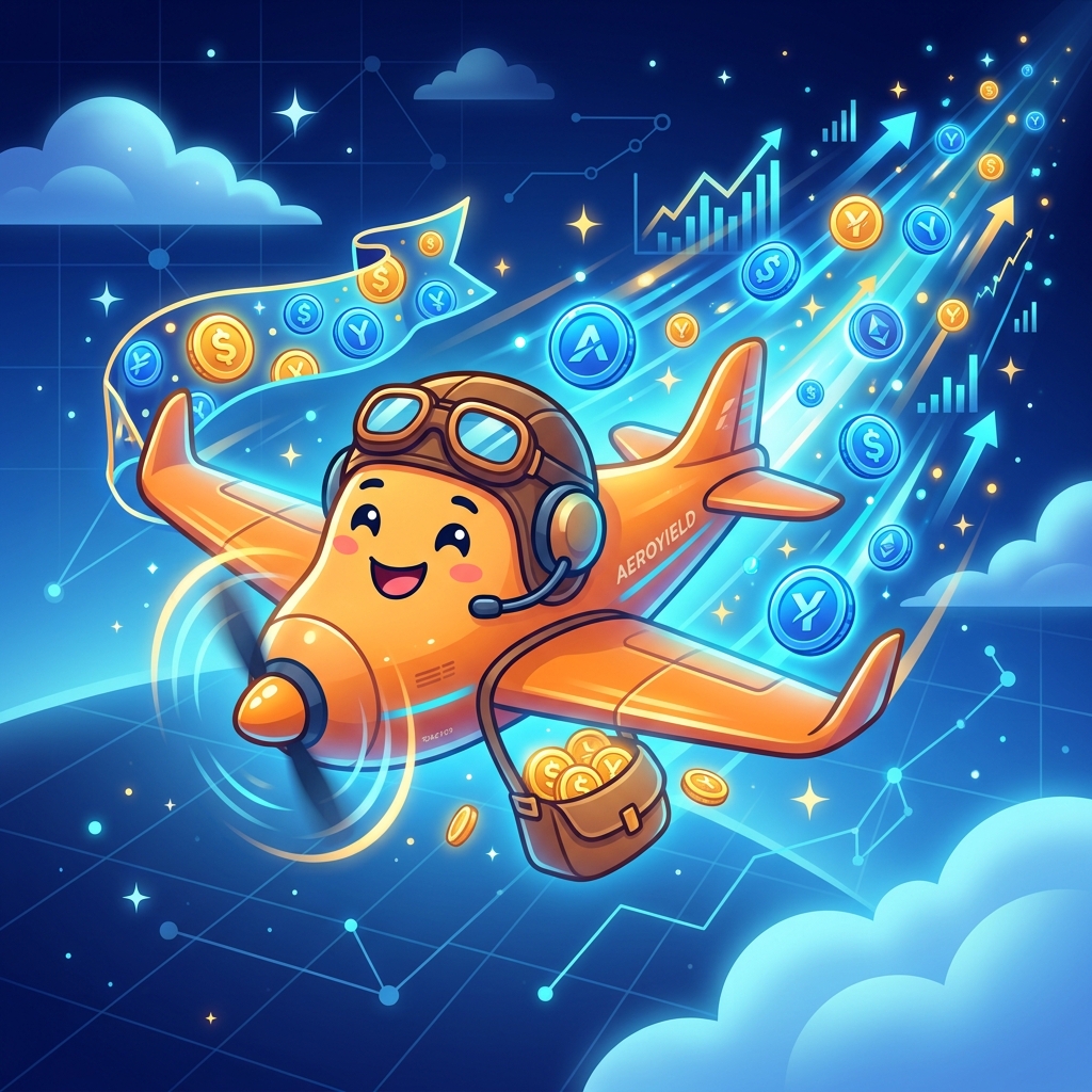 AeroYield AI co-pilot — friendly orange airplane with aviator goggles flying through a yield-filled sky